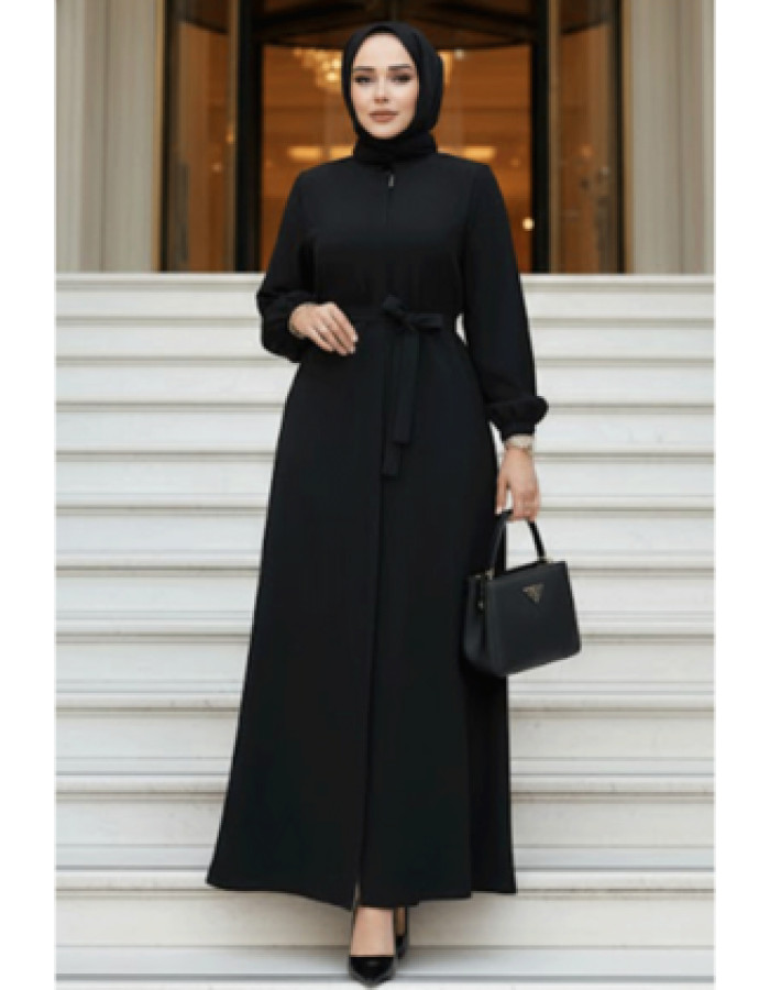 Kemerli Siyah Tesettür Ferace 26391S