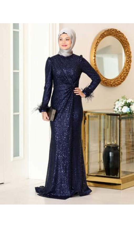 Hüma Payet Tesettür Abiye Elbise - Lacivert - Azra Design