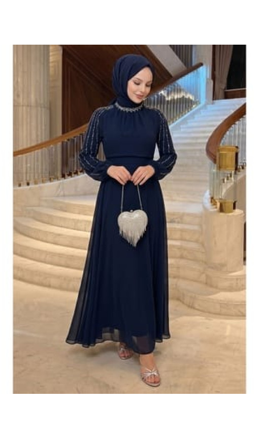 Kolları Taşlı Pullu Lacivert Şifon Abiye