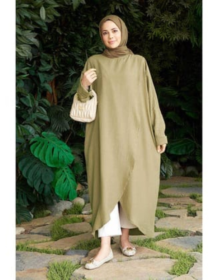 6394-Denim Parça Boya Standart Tunik Haki