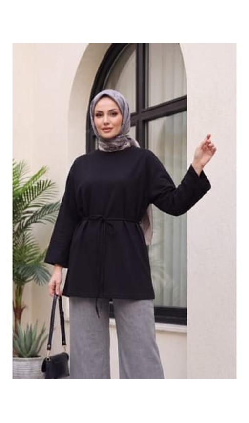 Yuvarlak Yaka Beli Bağlamalı Penye Tunik -Siyah