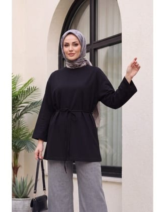 Yuvarlak Yaka Beli Bağlamalı Penye Tunik -Siyah