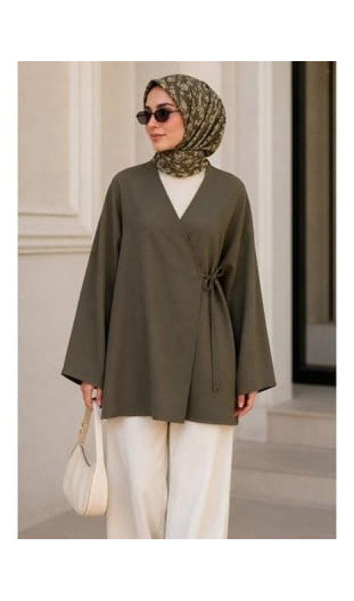 Haki Kruvaze Yaka Yandan Bağlamalı Yazlık Kimono Tunik Haki Kruvaze Yaka Yandan Bağlamalı Yazlık Kimono Tunik
