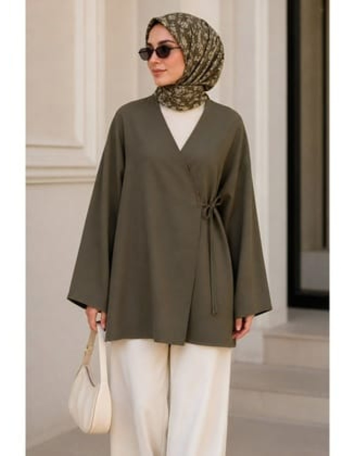 Haki Kruvaze Yaka Yandan Bağlamalı Yazlık Kimono Tunik