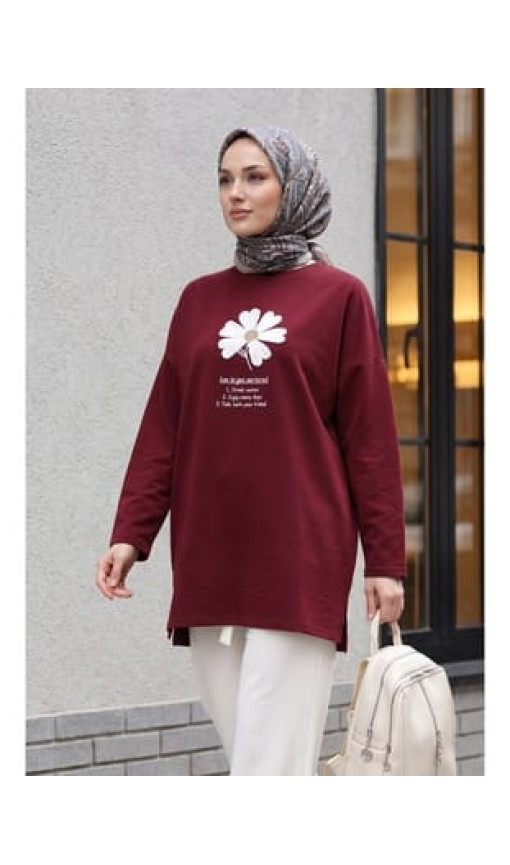 Önü Çiçek Nakışlı Bisiklet Yaka Penye Tunik -Bordo