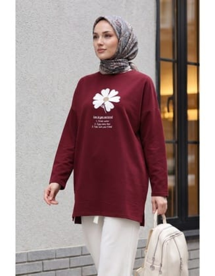 Önü Çiçek Nakışlı Bisiklet Yaka Penye Tunik -Bordo