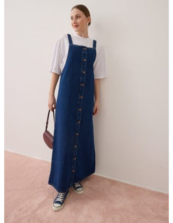 Pamuklu Denim Jile Elbise - Mavi - Benin