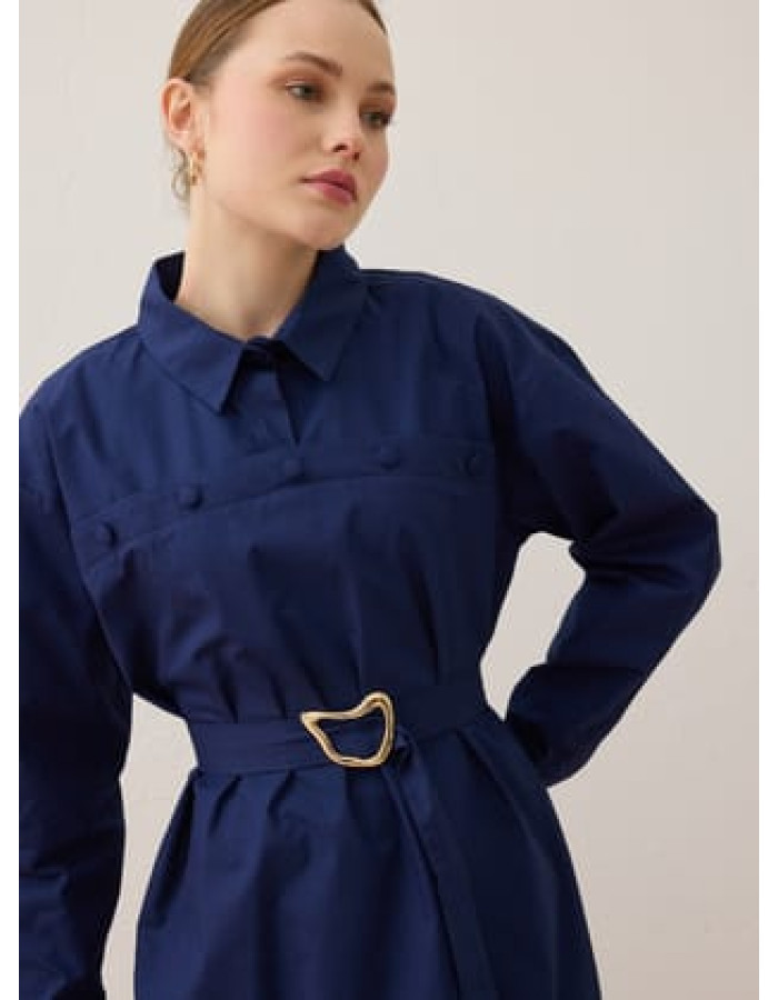 Poplin Kumaşlı Düğme Detaylı Tesettür Elbise - Lacivert - Benin Exclusive