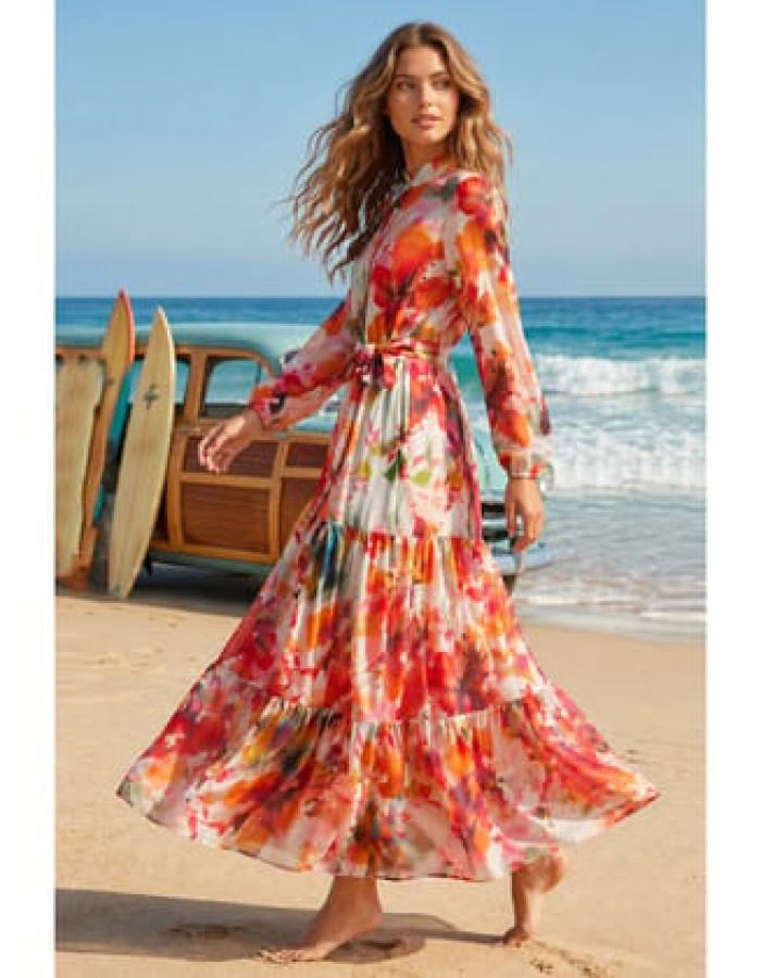 Desenli Tesettür Jessica Elbise B605 Oranj