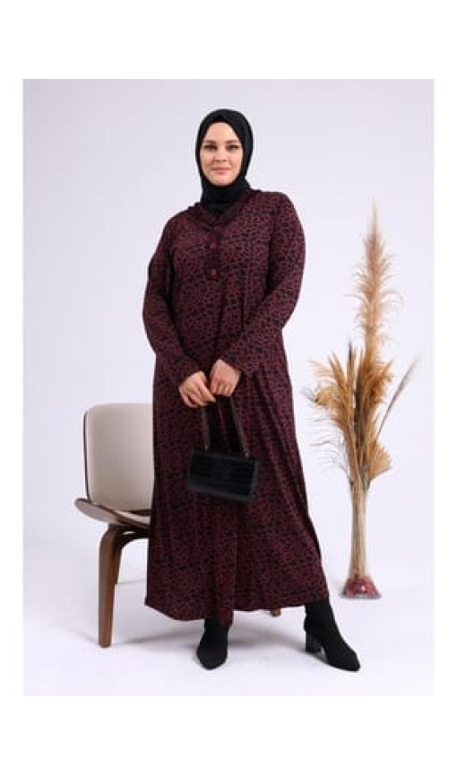 Kadin Gunluk Elbise Tesettur Leopar Desenli Buyuk Beden Elbise Bordo