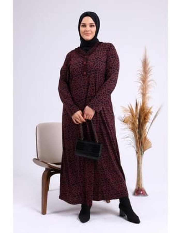 Kadin Gunluk Elbise Tesettur Leopar Desenli Buyuk Beden Elbise Bordo