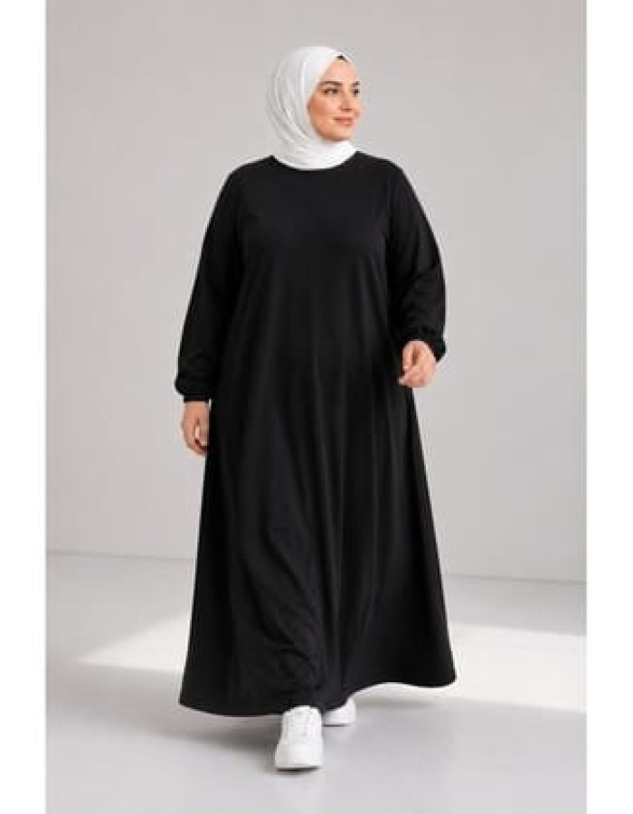 KADIN BÜYÜK BEDEN COTTON ELBİSE SİYAH DOKULU