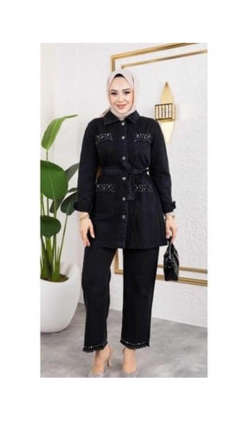 Kadın Taş Detaylı 2Li Takım Kot Ceket Pantolon