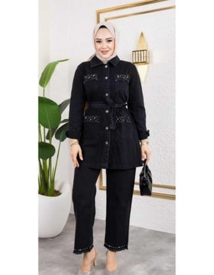 Kadın Taş Detaylı 2Li Takım Kot Ceket Pantolon