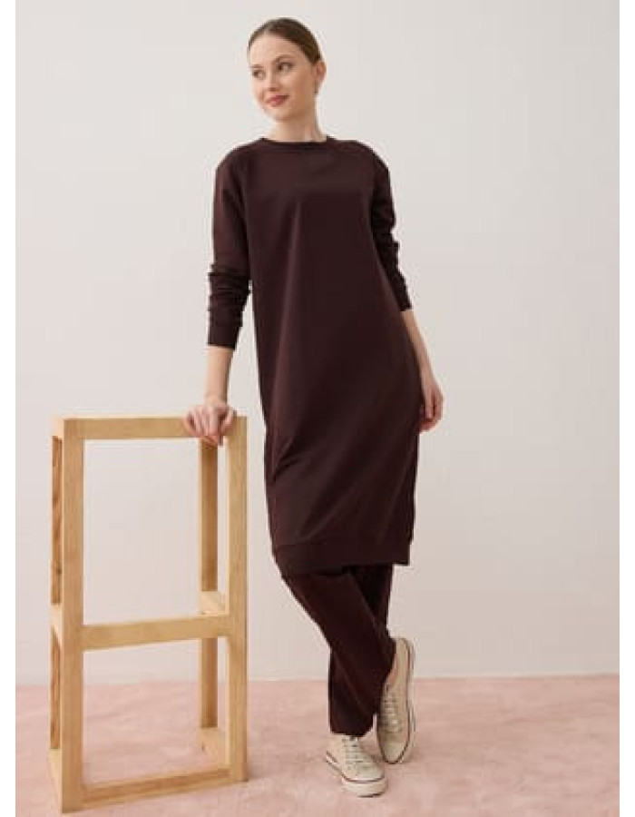Basic Bisiklet Yaka Reglan Kollu Uzun İkili Eşofman Takımı- Kahverengi - Benin